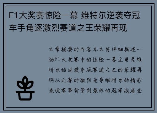 F1大奖赛惊险一幕 维特尔逆袭夺冠 车手角逐激烈赛道之王荣耀再现